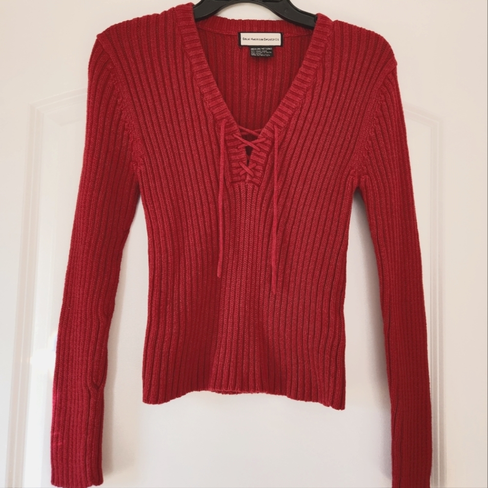 GREAT AMERICAN SWEATER LACE-UP DRAWSTRING V-NECK JUNIOR SIZE MEDIUM